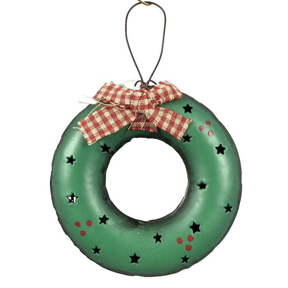 Primitive Christmas Wreath Ornament Green Metal With Gingham Bow In Gift Box